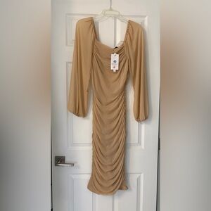 Ruched Long Sleeve Midi Dress in Beige